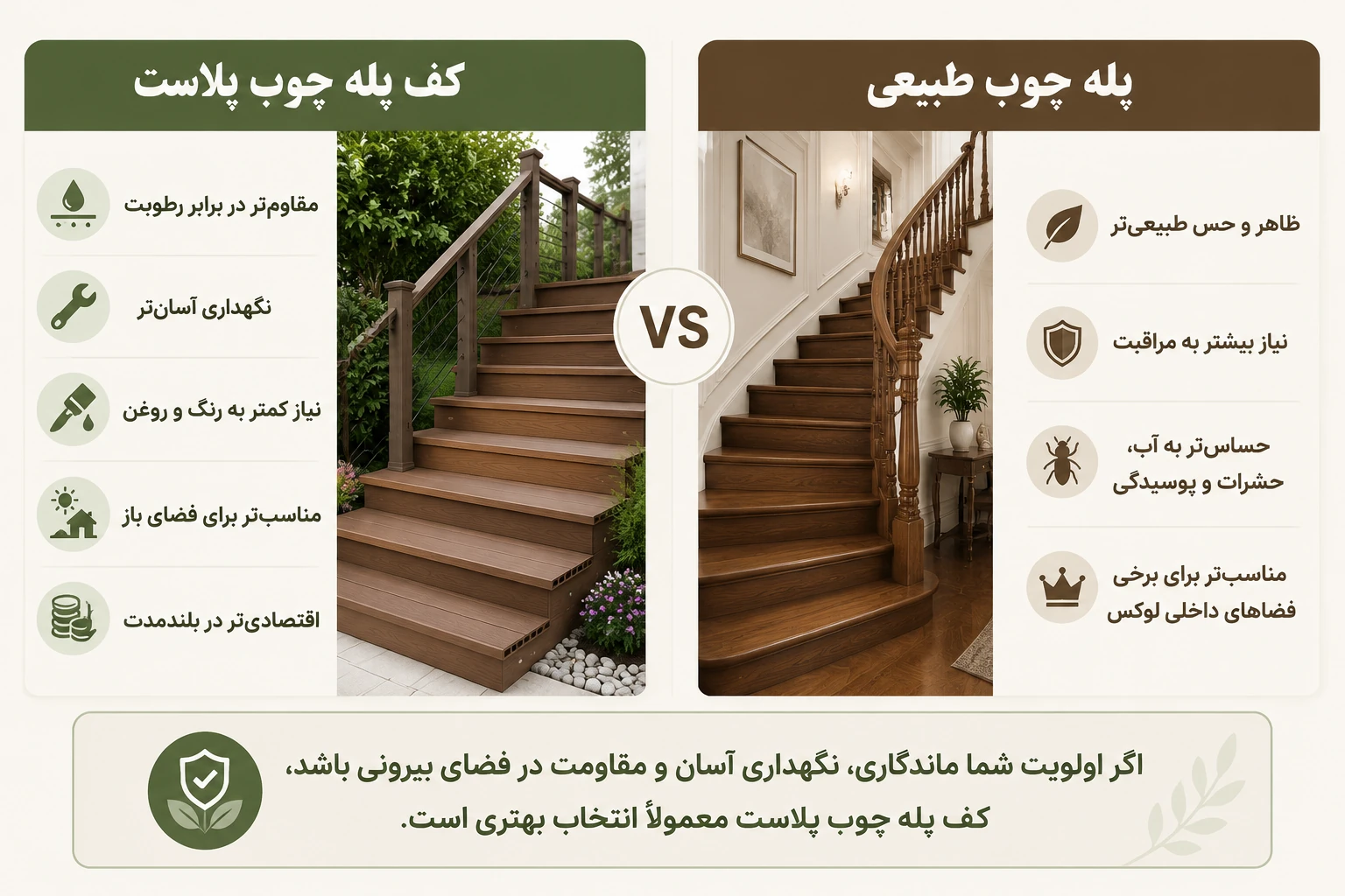 مقایسه کف پله چوب پلاست با چوب طبیعی