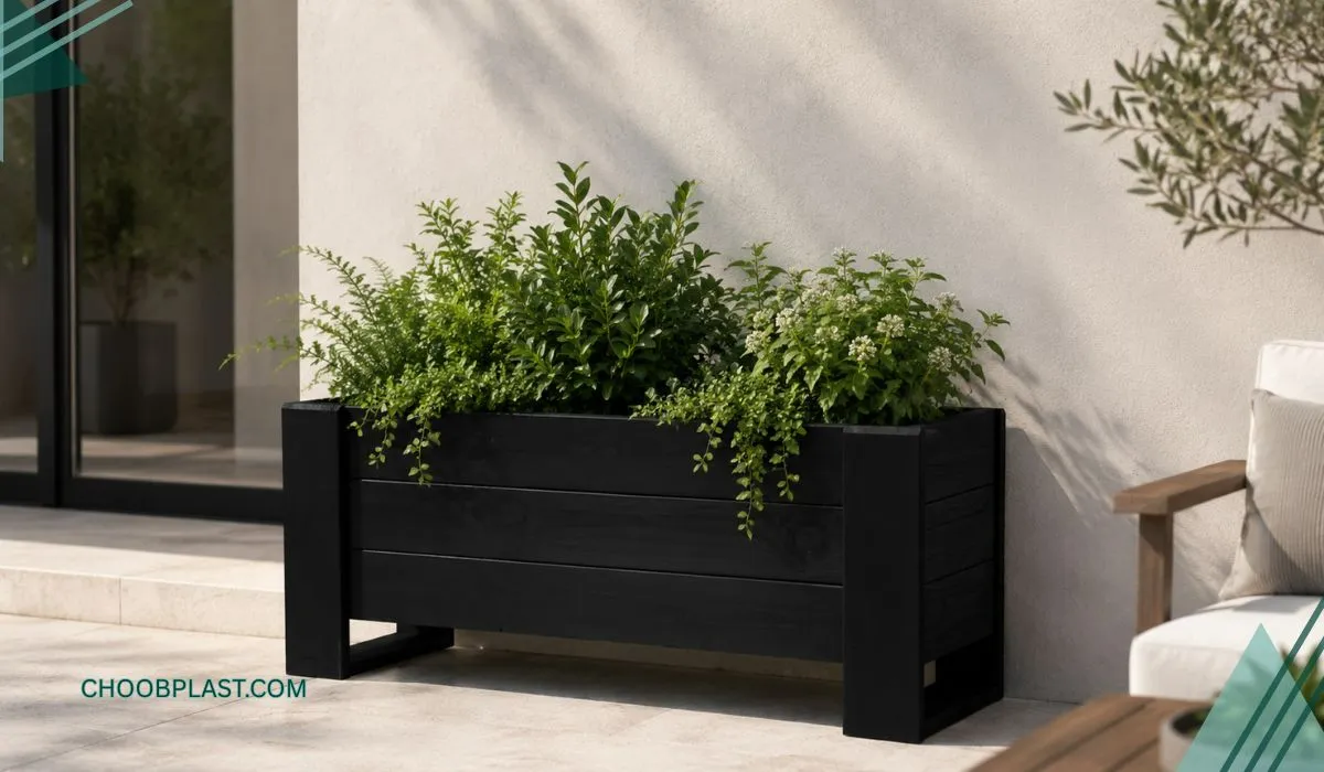 گلدانچوبی مشکی | ابعاد (طول 84 در عرض 27 و ارتفاع با پایه 34) 1 گلدان چوبی مشکی تراس